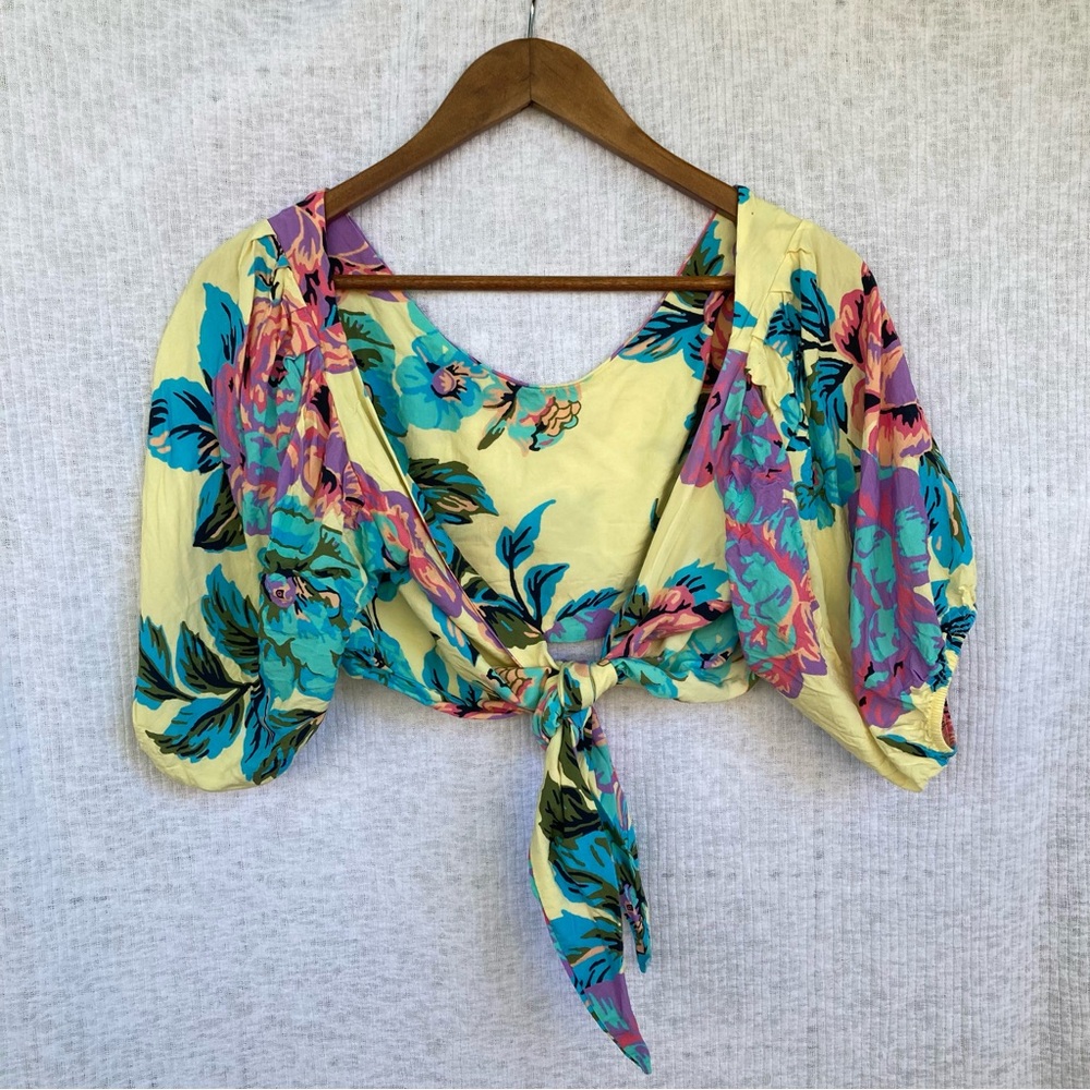 Maaji Front Tie Crop Top Yellow Floral Print Size Large